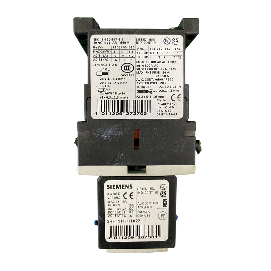 Siemens 3RT1016-1BB41 + 3RH1911-1HA22 Leistungsschütz Relais